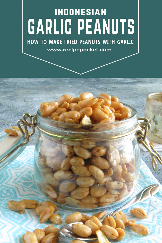 Images showing a jar filled with homemade Indonesian garlic peanuts.