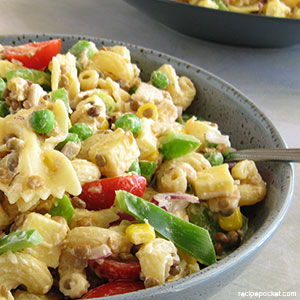Cold chicken and cheese pasta salad.