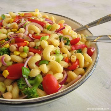Cold pasta salad in a bowl.