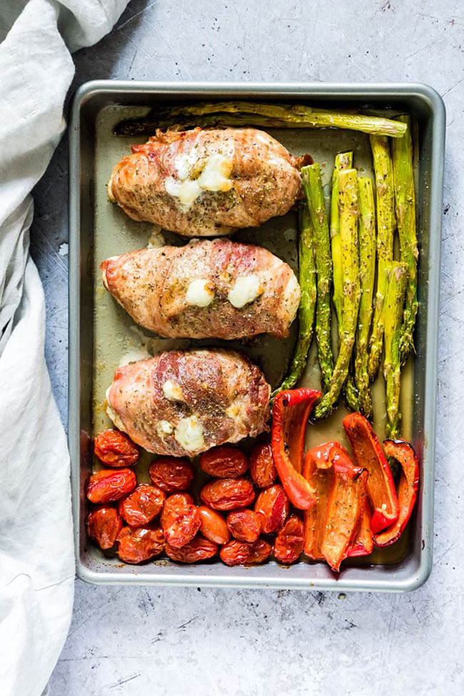 Prosciutoo wrapped stuffed chicken breasts.