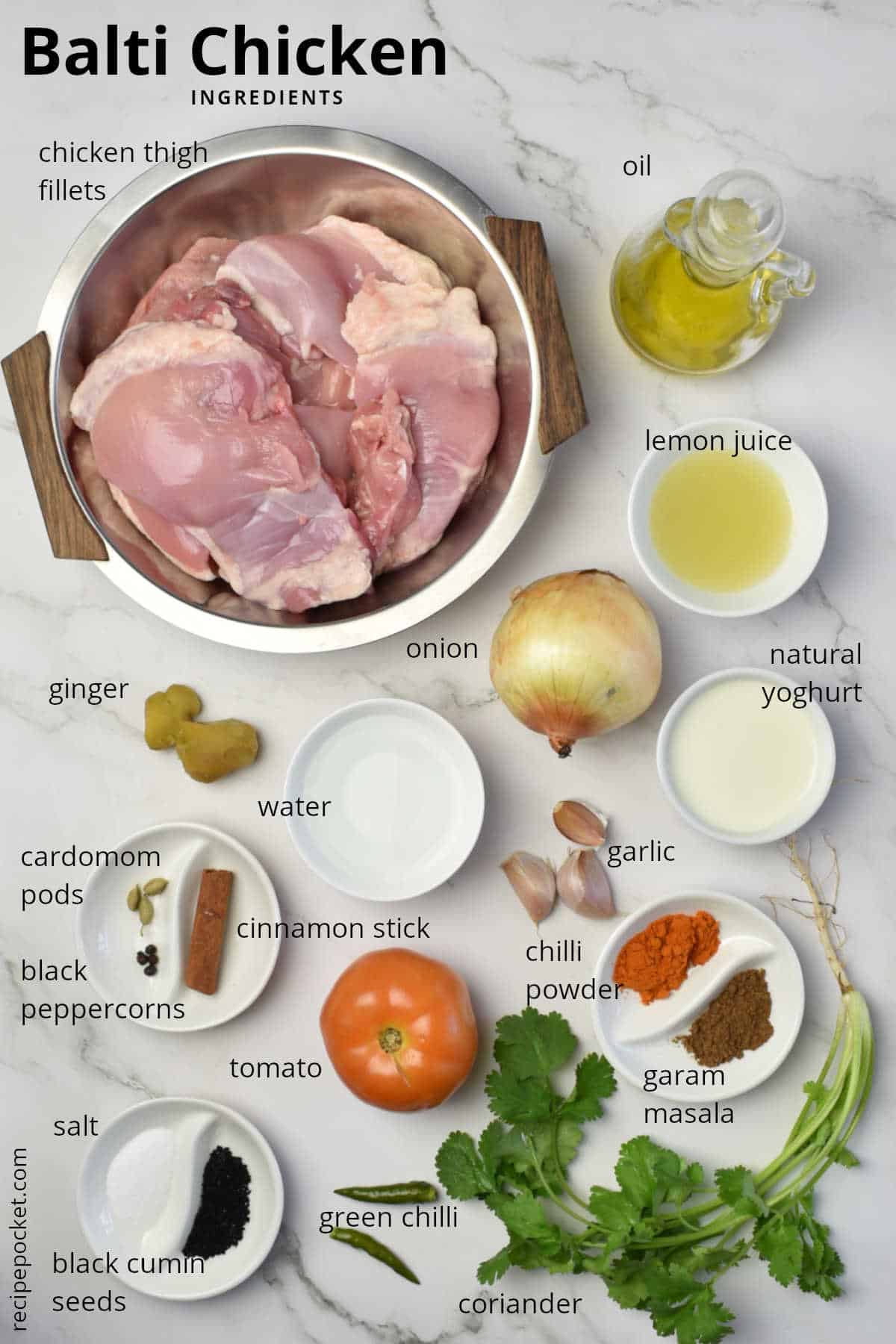 Image showing the ingredients needed to make Balti chicken curry.
