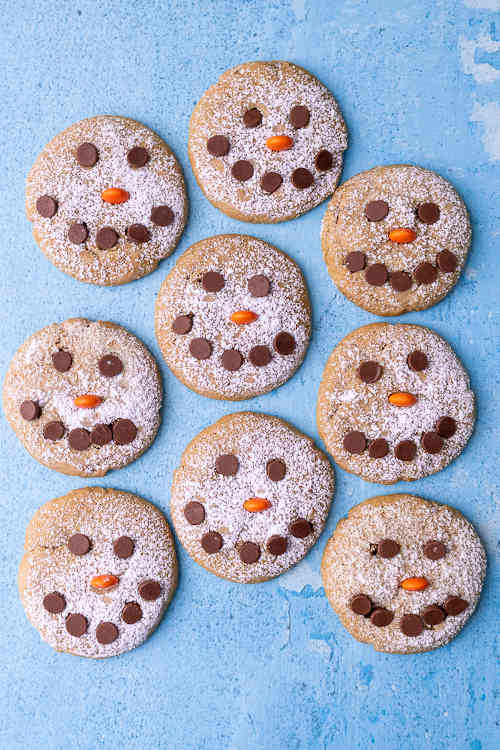 Snowman cookies on a blue background.