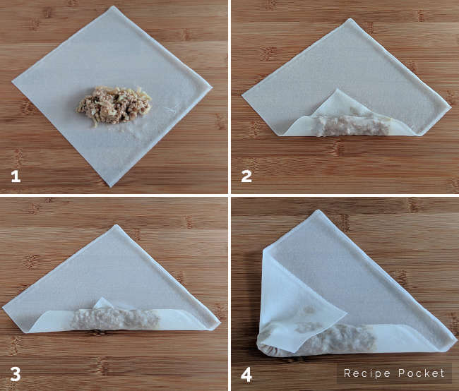 Image showing steps 1 to 4 on how to roll spring rolls for frying