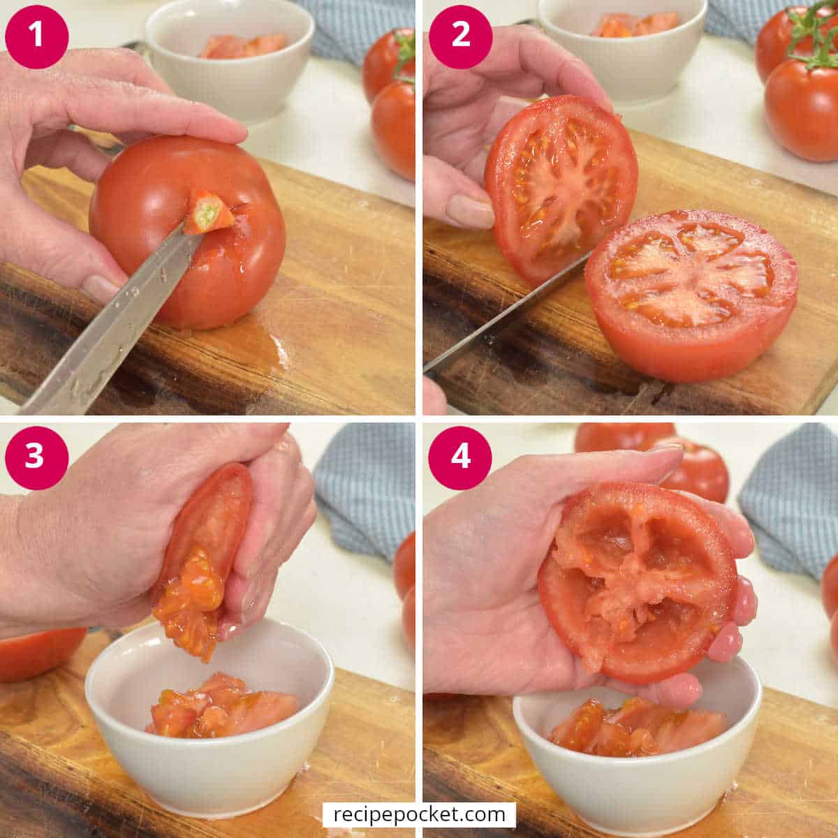 Four part image showing how to deseed a tomato by squeezing.