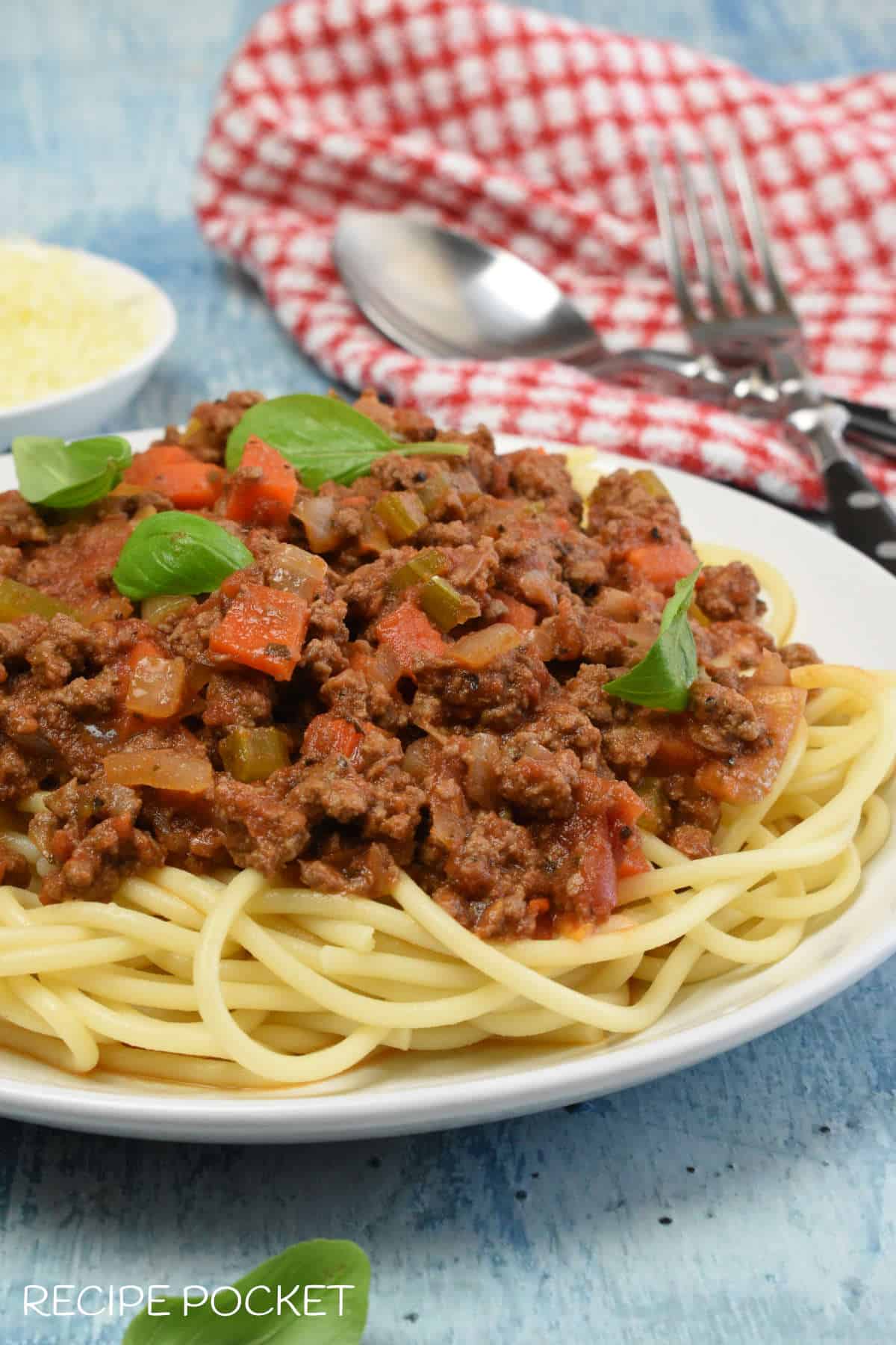 Slow cooker bolognese sauce on pasta.