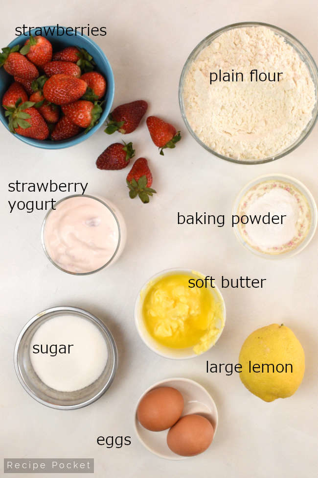 Image showing ingredients for strawberry yogurt muffins.