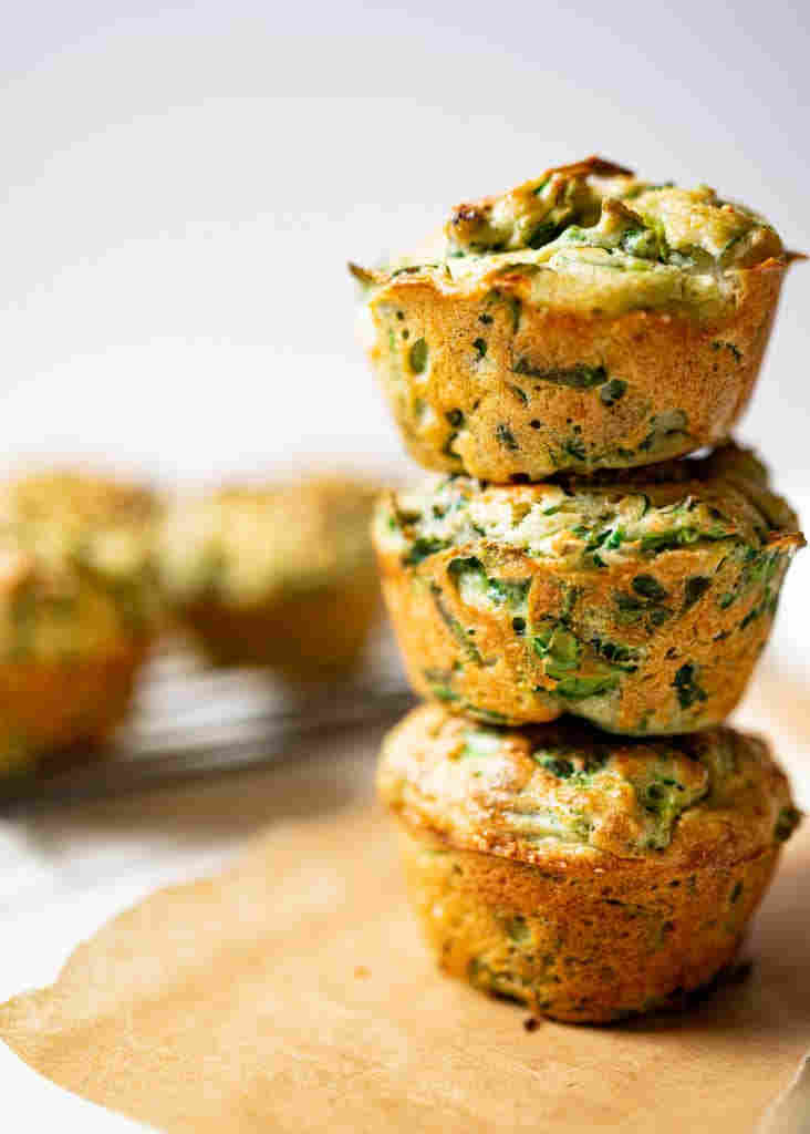 A tower of spinach, feta and sun dried tomatoes muffins.