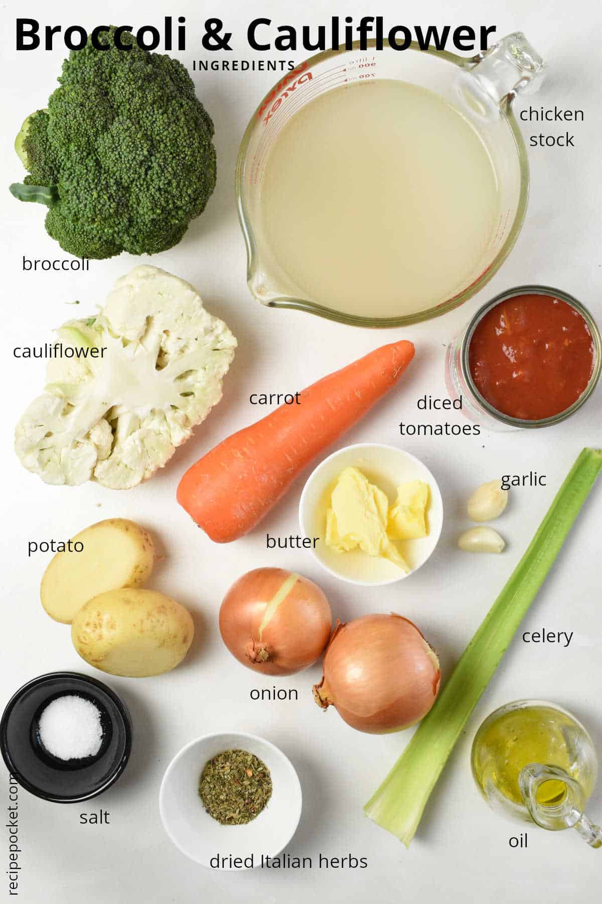 Ingredients needed to make broccoli cauliflower soup.