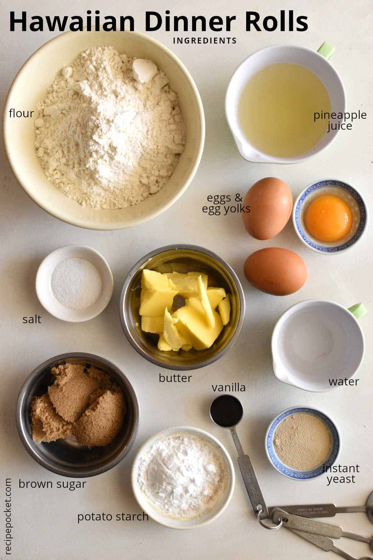Picture showing ingredients needed to make Hawaiian rolls.