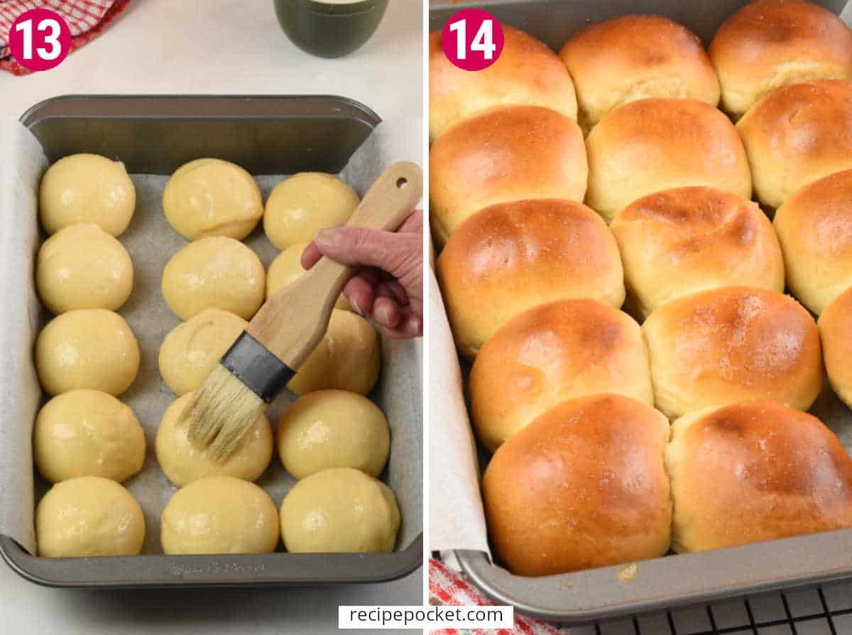 Image showing uncooked rolls being brushed with egg wash and a tray of baked rolls.