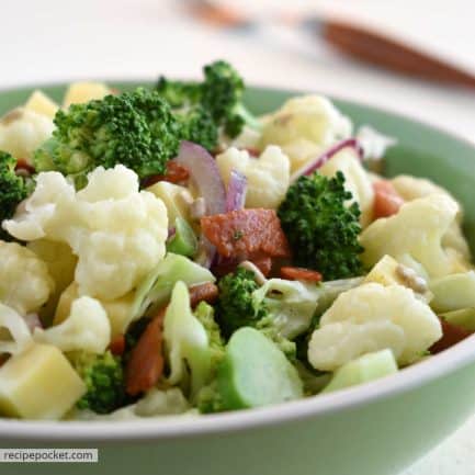 Close up of broccoli and cauliflower salad.