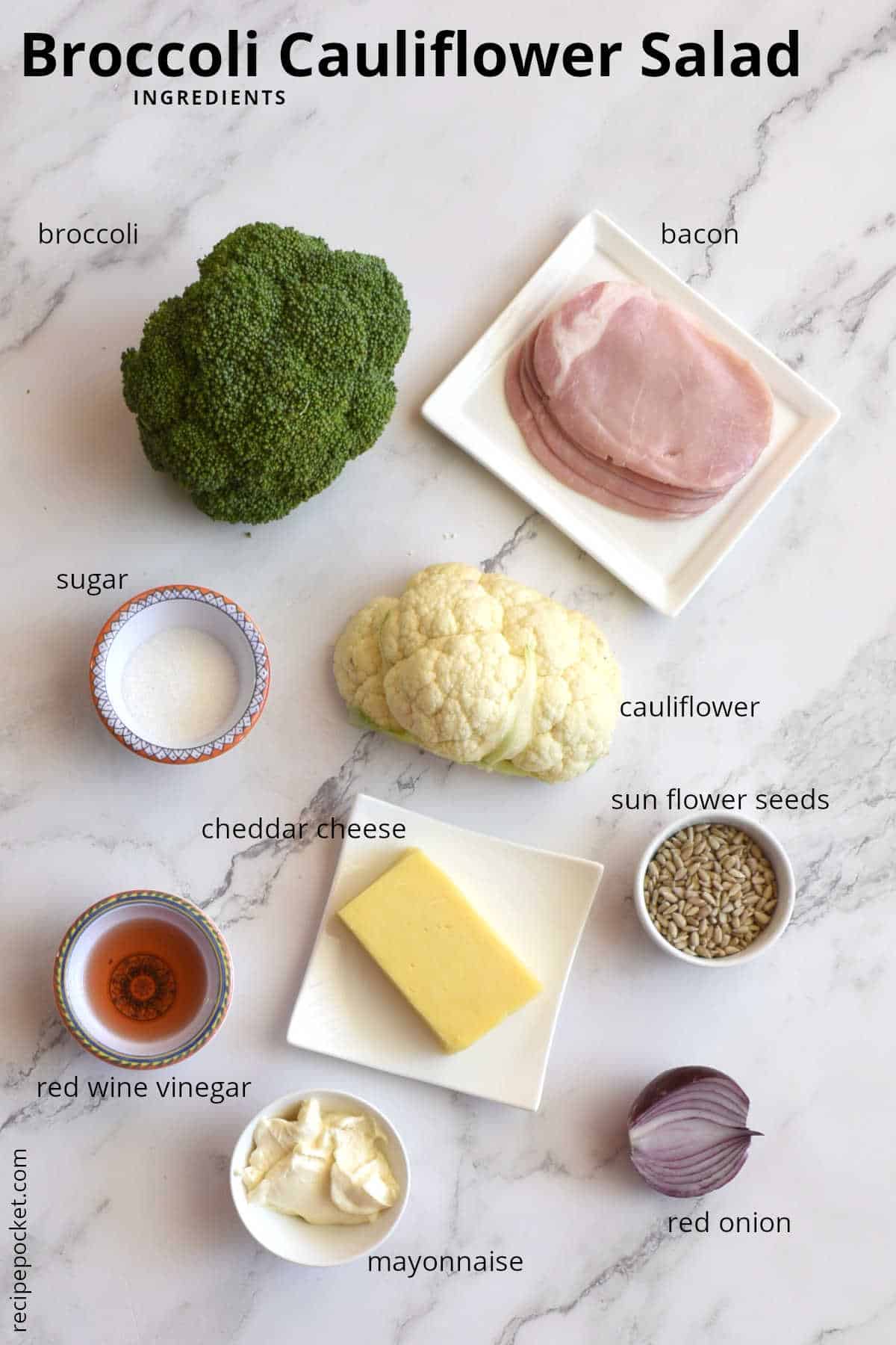 Photo of ingredients to make broccoli and cauliflower salad.