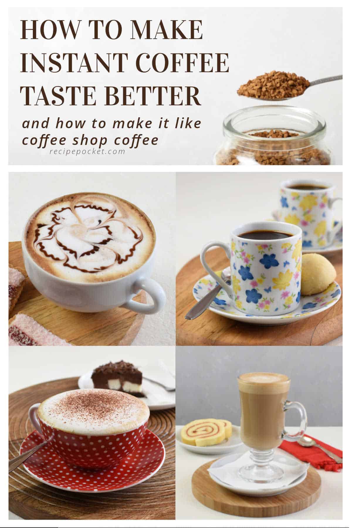 Image collage featuring a mocha coffee, cappuccion, flat white and espresso coffee.