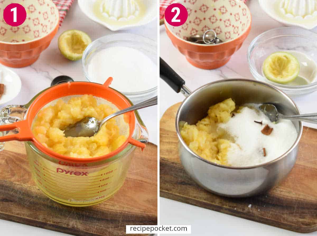 Crushed pineapple in a sieve and crushed pineapple in a saucepan with sugar.