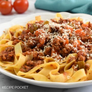 Beef and pork ragu with pasta.
