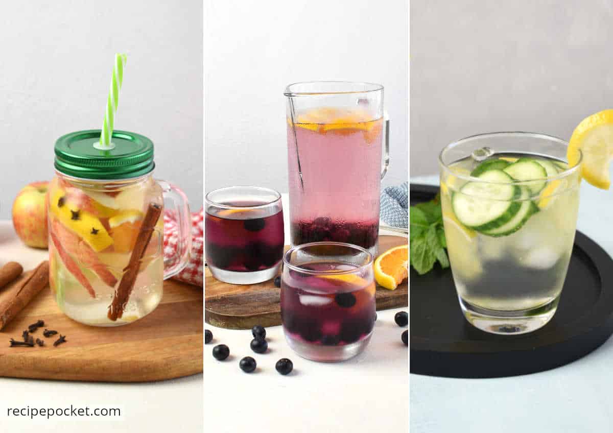 Apple cinnamon water, blueberry and orange water and lemon and cucumber water.