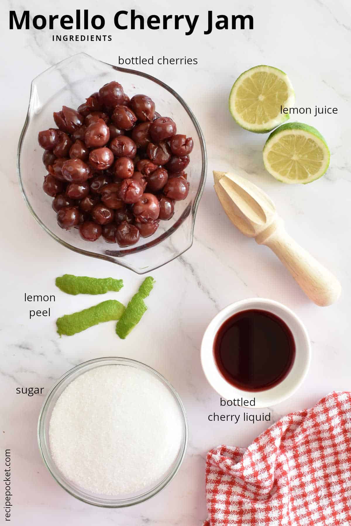 Photo showing ingredients for making cherry jam.