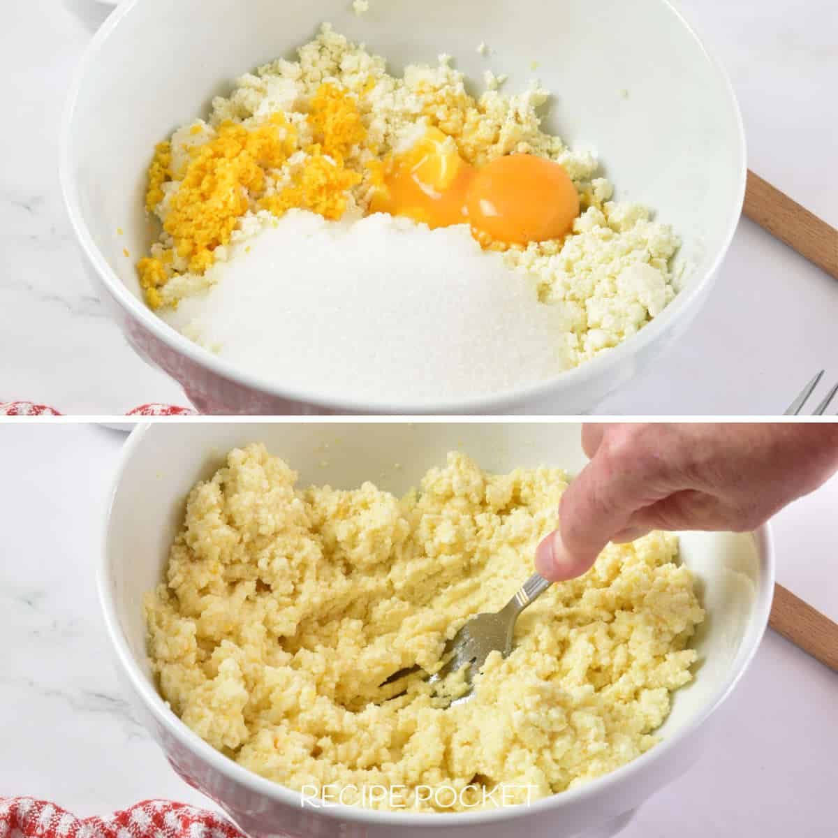 Eggs in bowl with ricotta cheese and sugar.