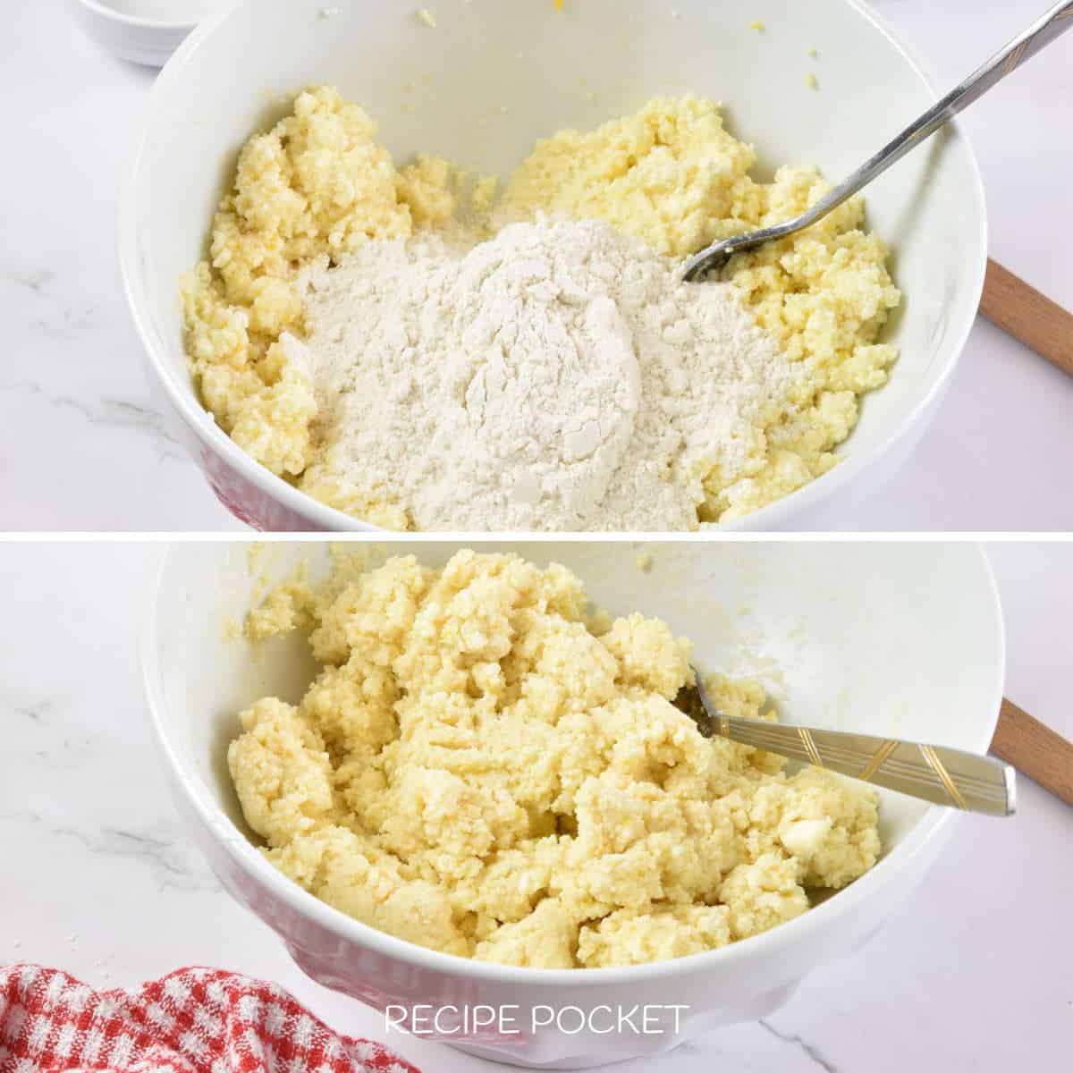 Ricotta mixture and flour in a bowl.