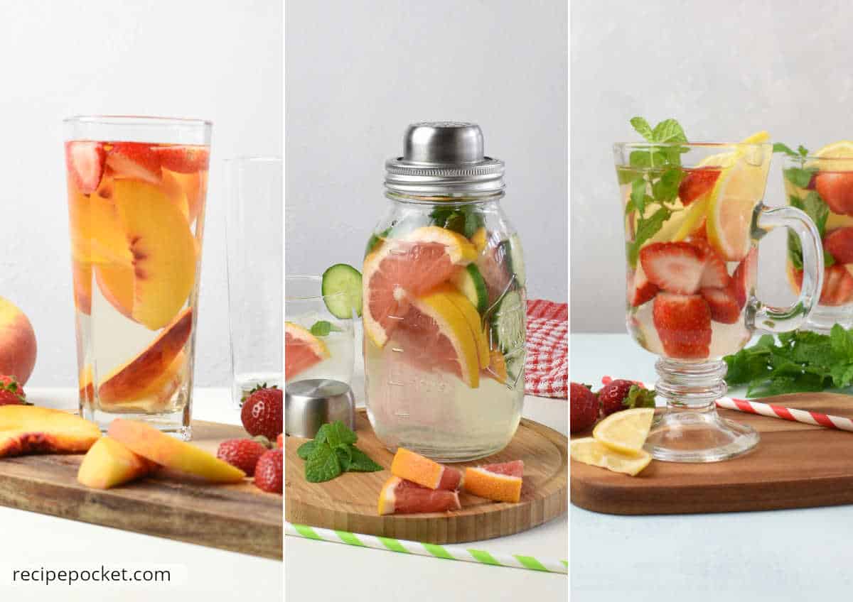 Image showing three infused waters one peach and strawberry, another grapefruit and cucumber and another strawberry and lemon.