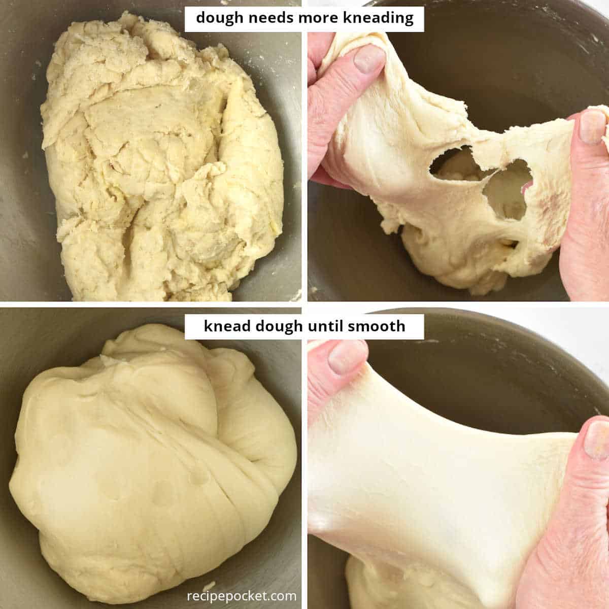 Picture showing how the bread dough looks before and after kneading.