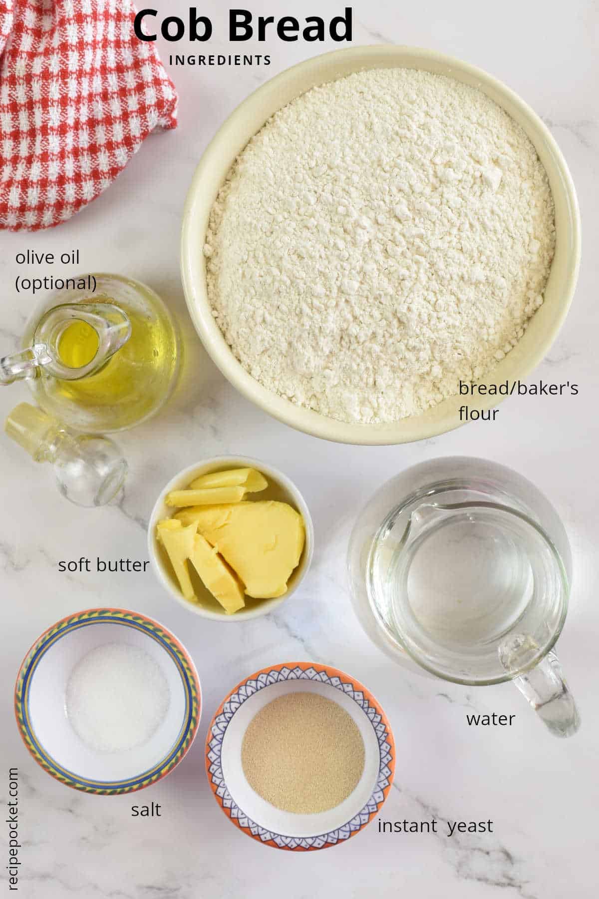 Top down view of ingredients for making cob bread.