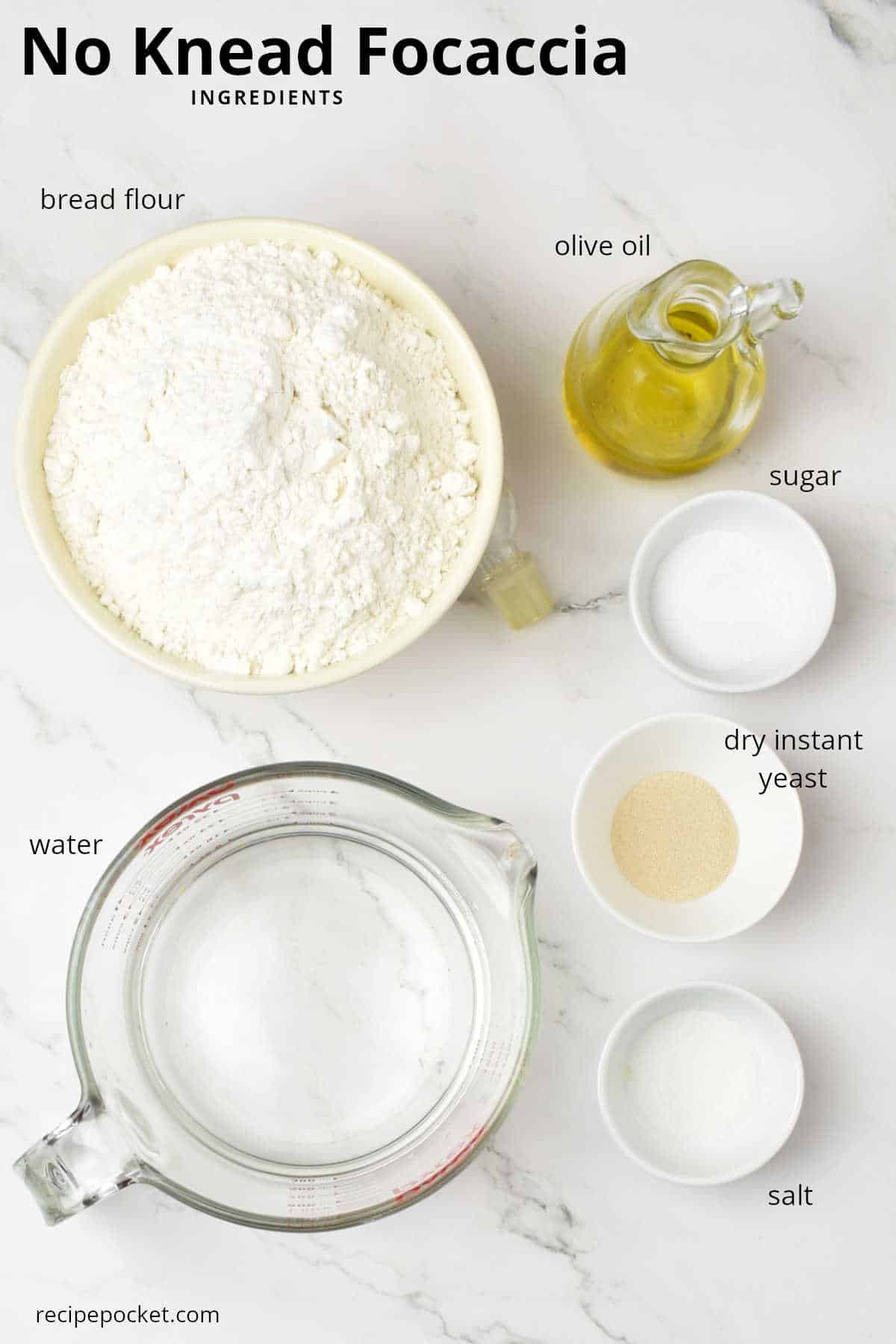 Image showing flour, water, yeast, salt and sugar for fociccia bread.
