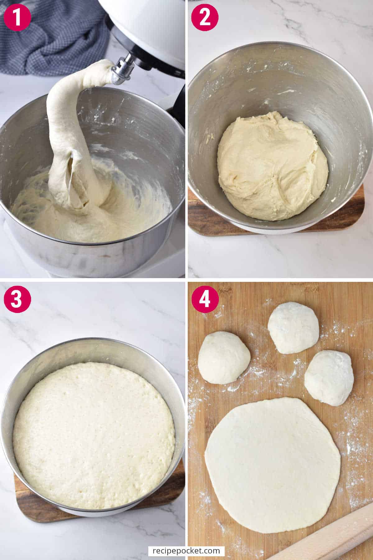 Step by step images showing dough in a stand mixer, dough before and after proofing and rolled out it make flat breads.