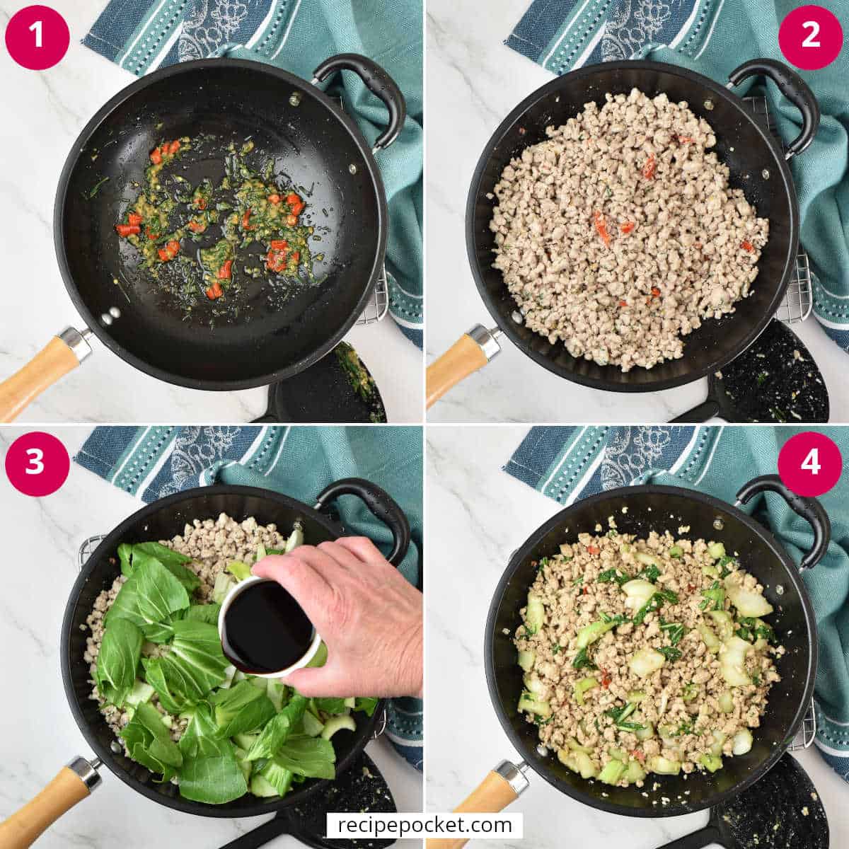 STep by step image showing how to make pork stir fry.