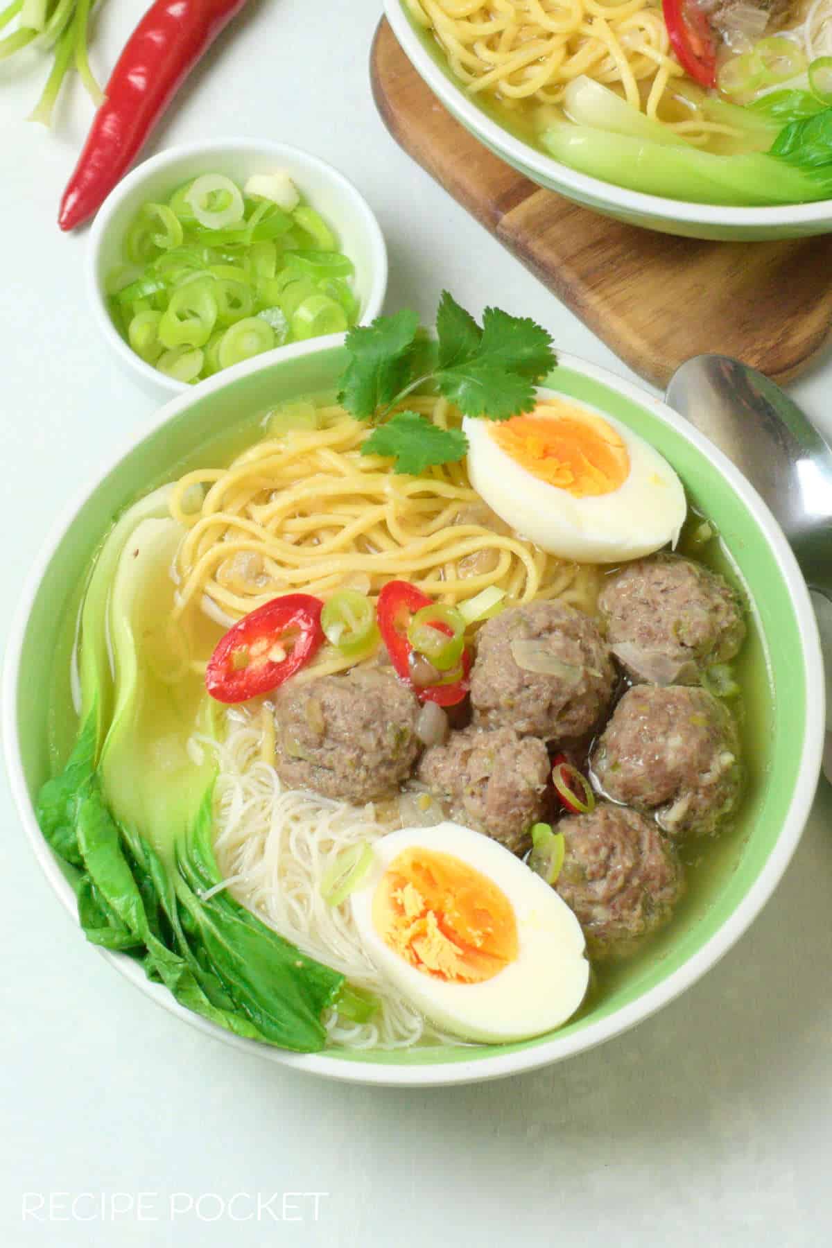 Top down view of bakso soup.