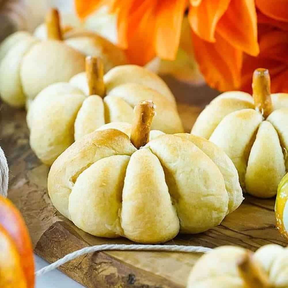 Pumpkin shaped buns with a cheese filling.