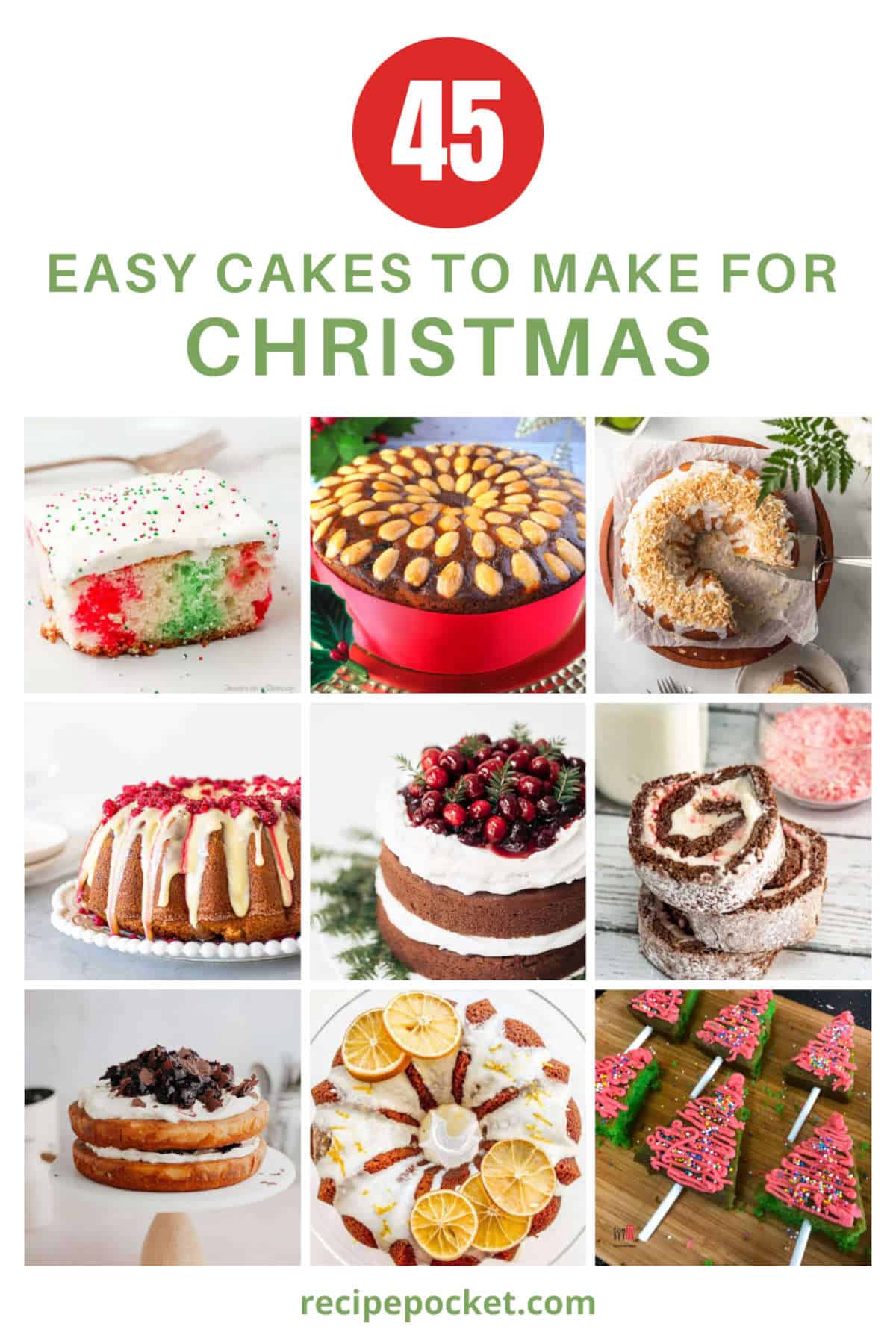 Collage of Cakes for article on easy Christmas cake recipes.