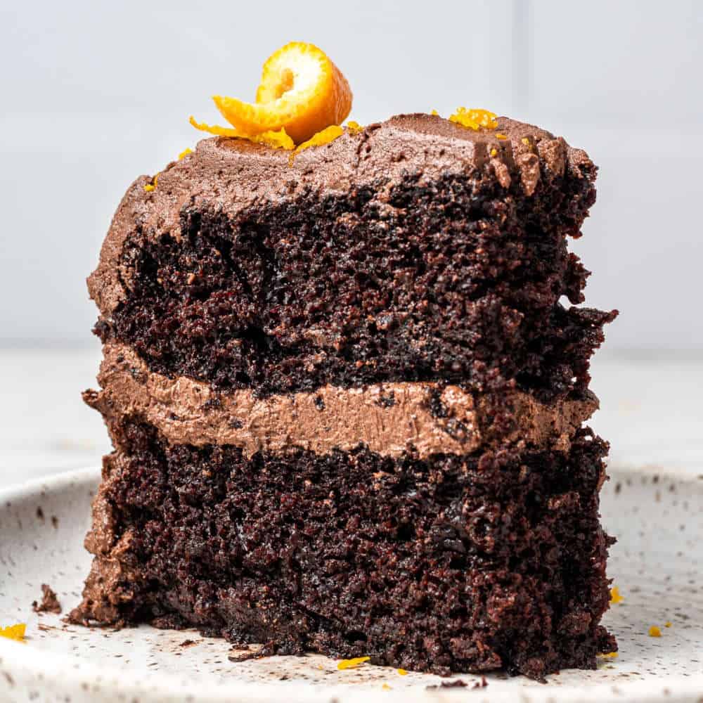 A closeup of a slice of moist chocolate cake.