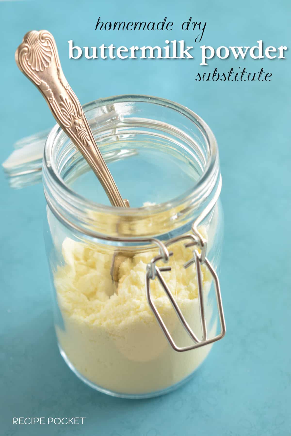 Dry buttermilk powder substitute in a glass jar.