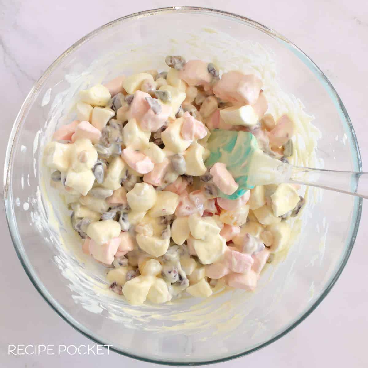 White chocolate rocky road mixture in a bowl.