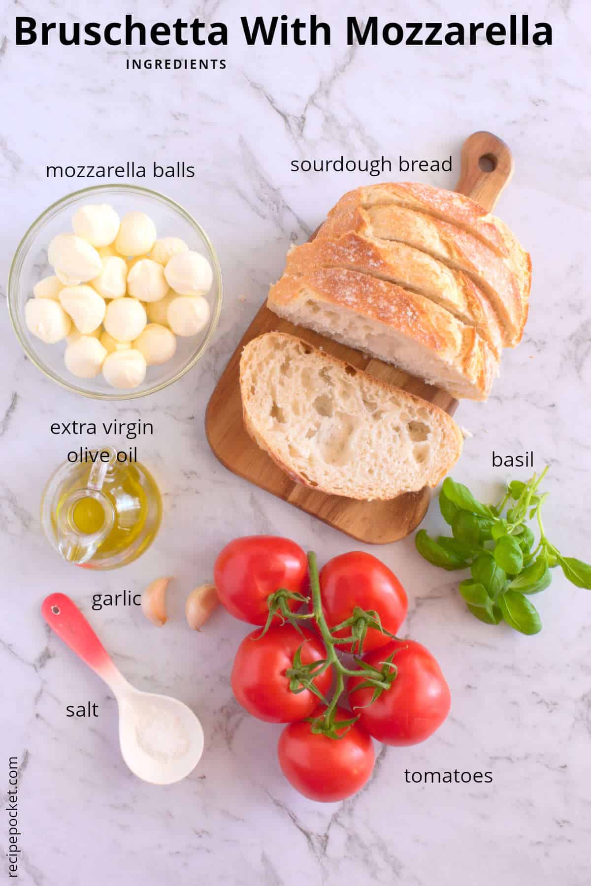 Image with ingredients needed to make bruschetta with mozzarella.