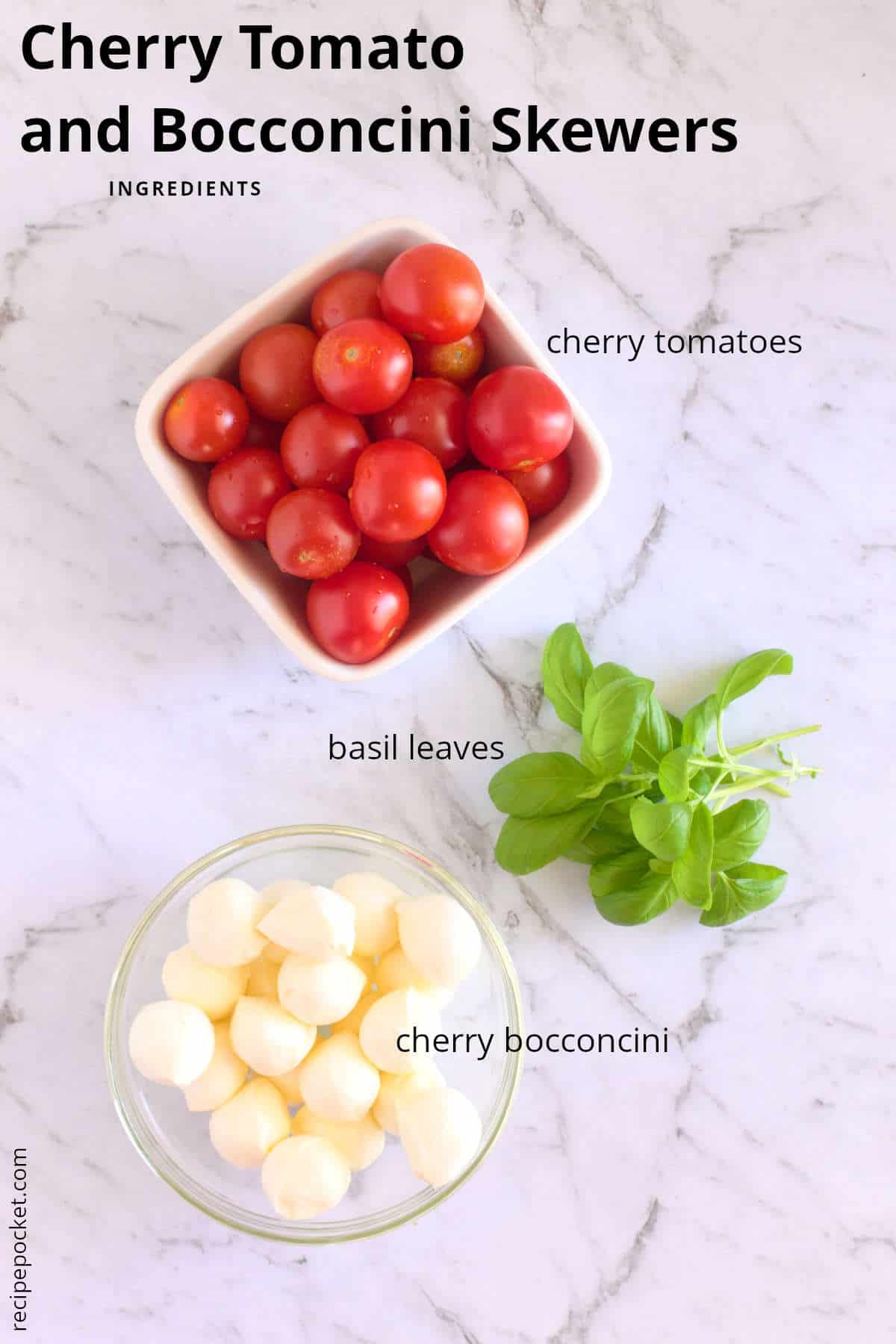 Image showing ingredients needed to make tomato and bocconcini skewers.