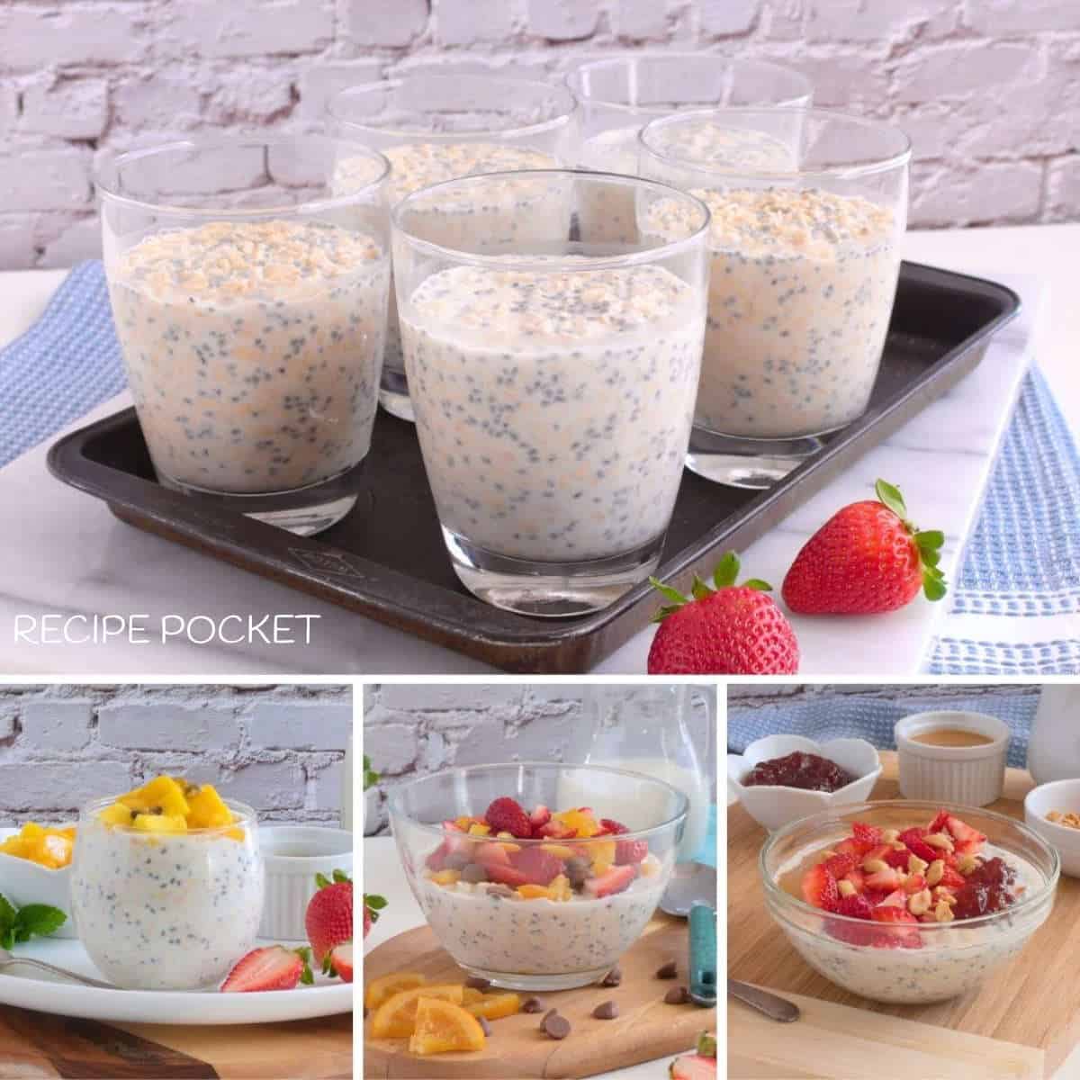 A collage of images showing overnight oats with different toppings.