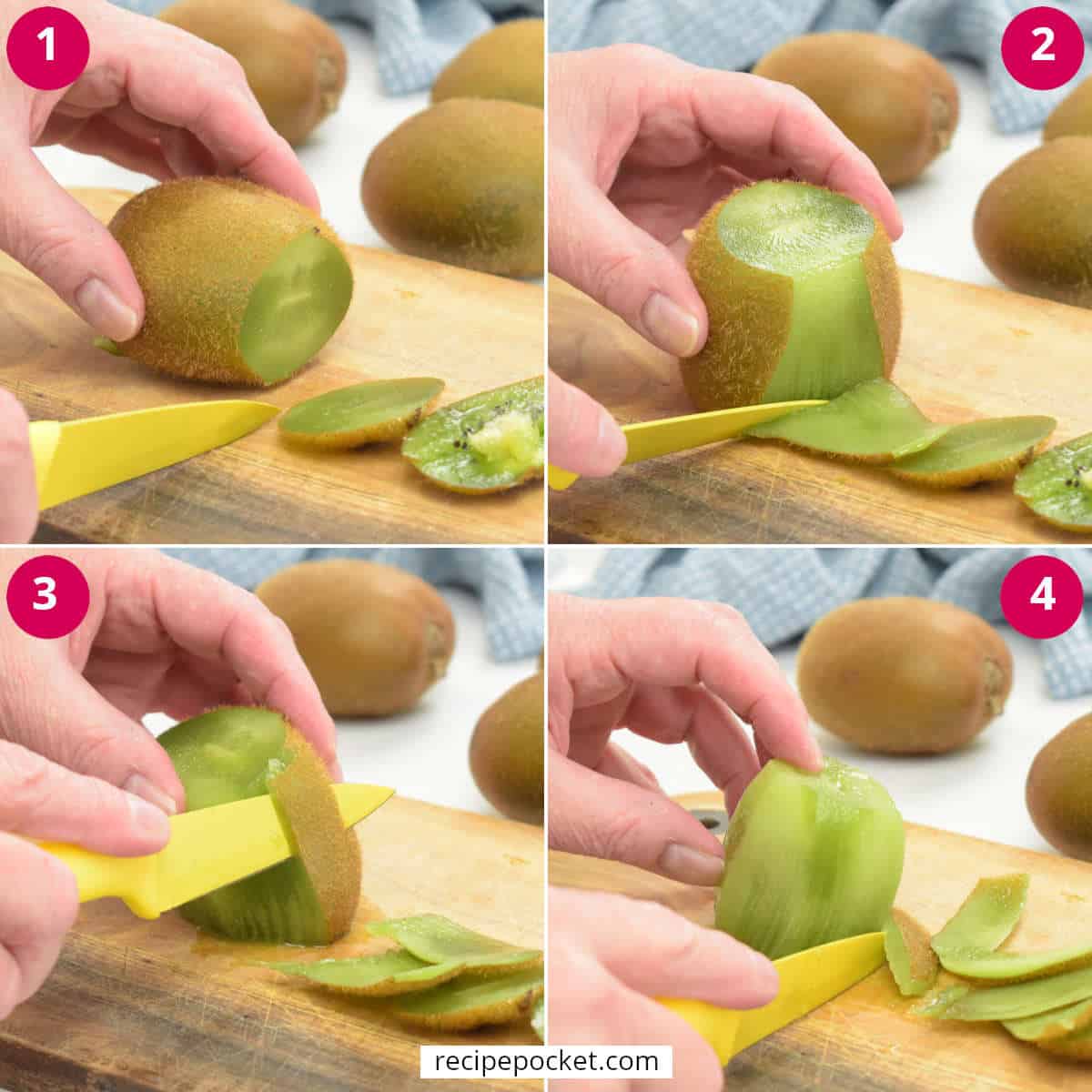 A four part image showing how to peel a kiwi fruit with a knife.