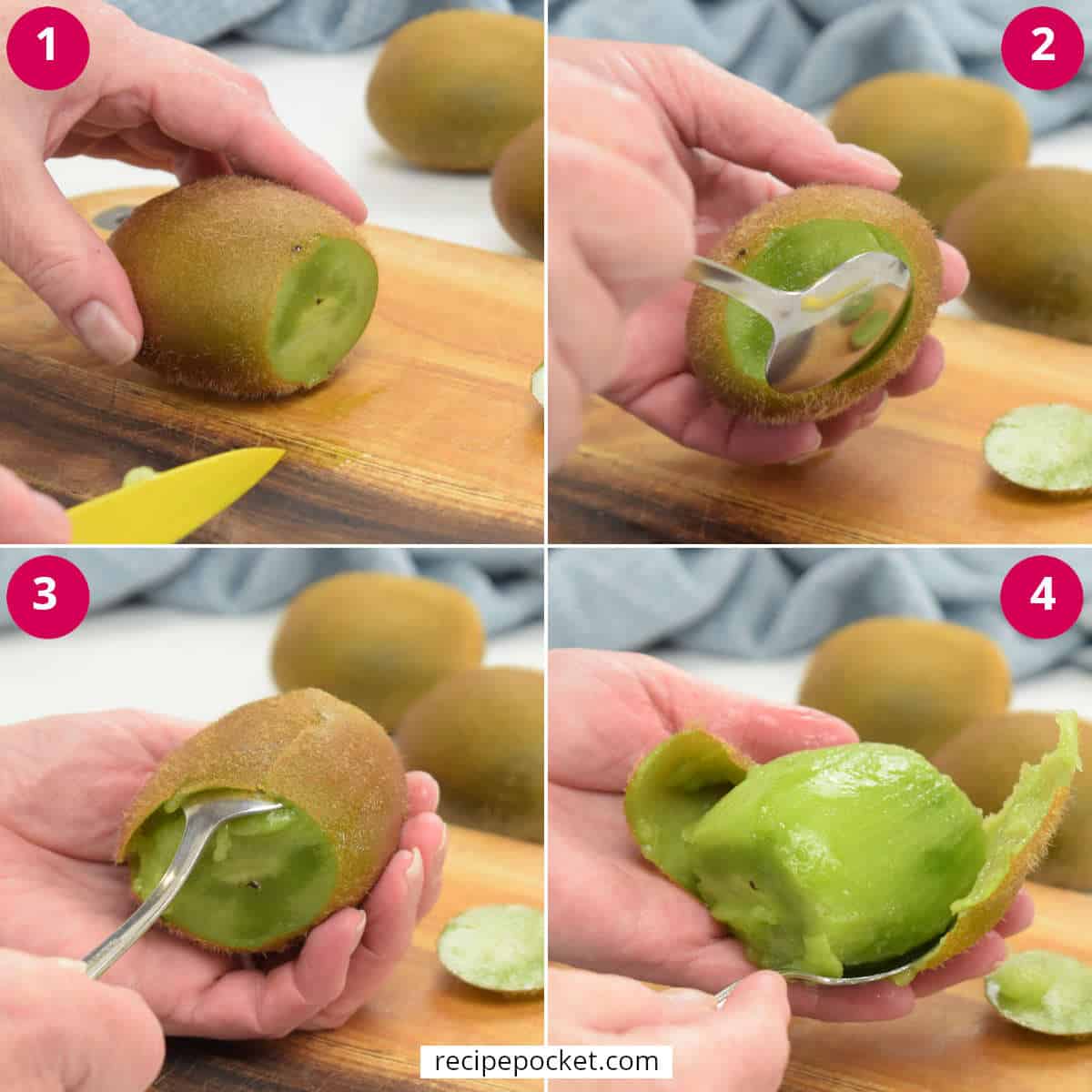 Image showing how to peel a kiwi fruit with a spoon.