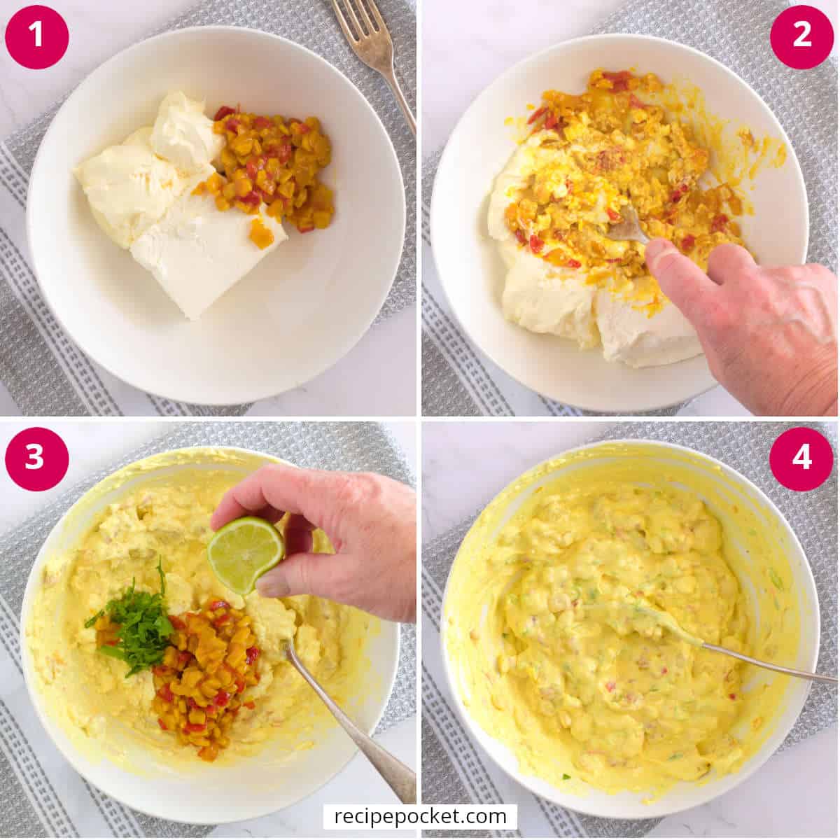 Four part step by step image for making dip.