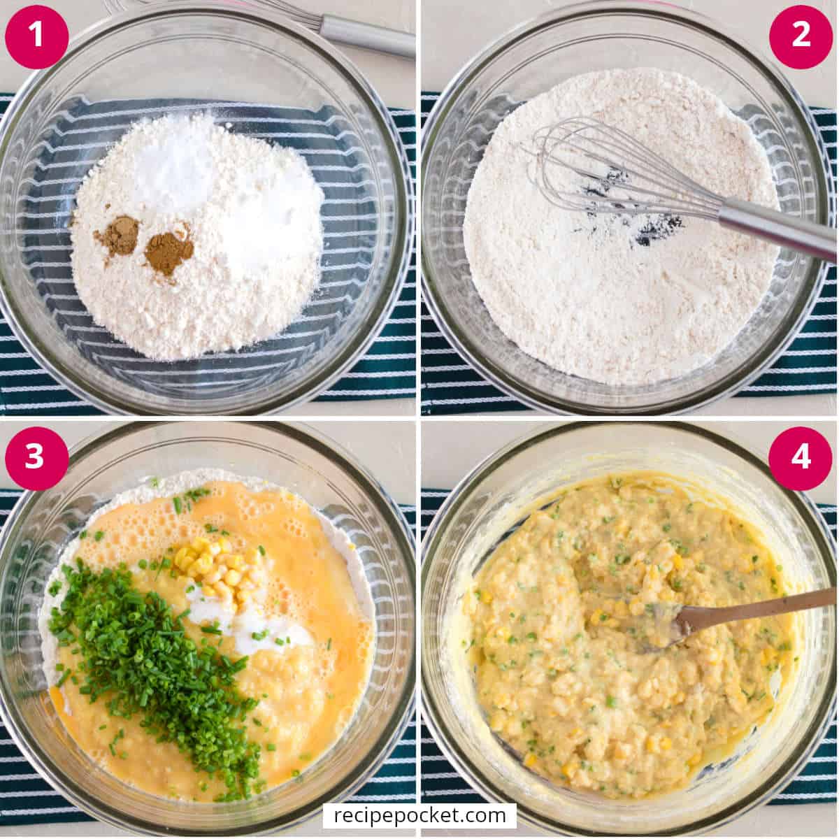 A four part image showing steps for making sweet corn fritters.