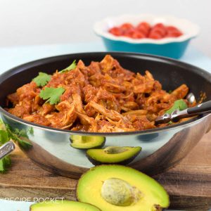 Mexican shredded chicken in a skillet.