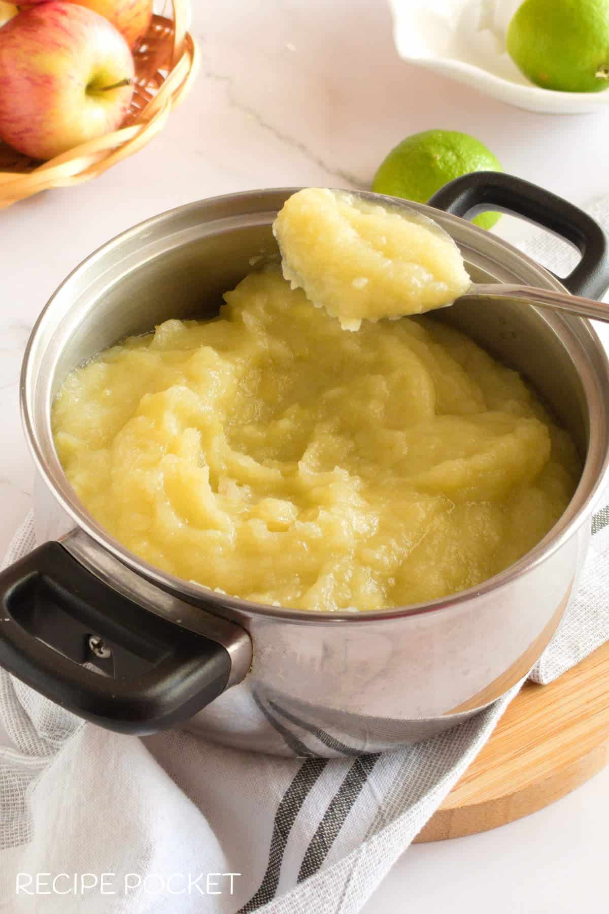 A pot of unsweetened apple sauce.