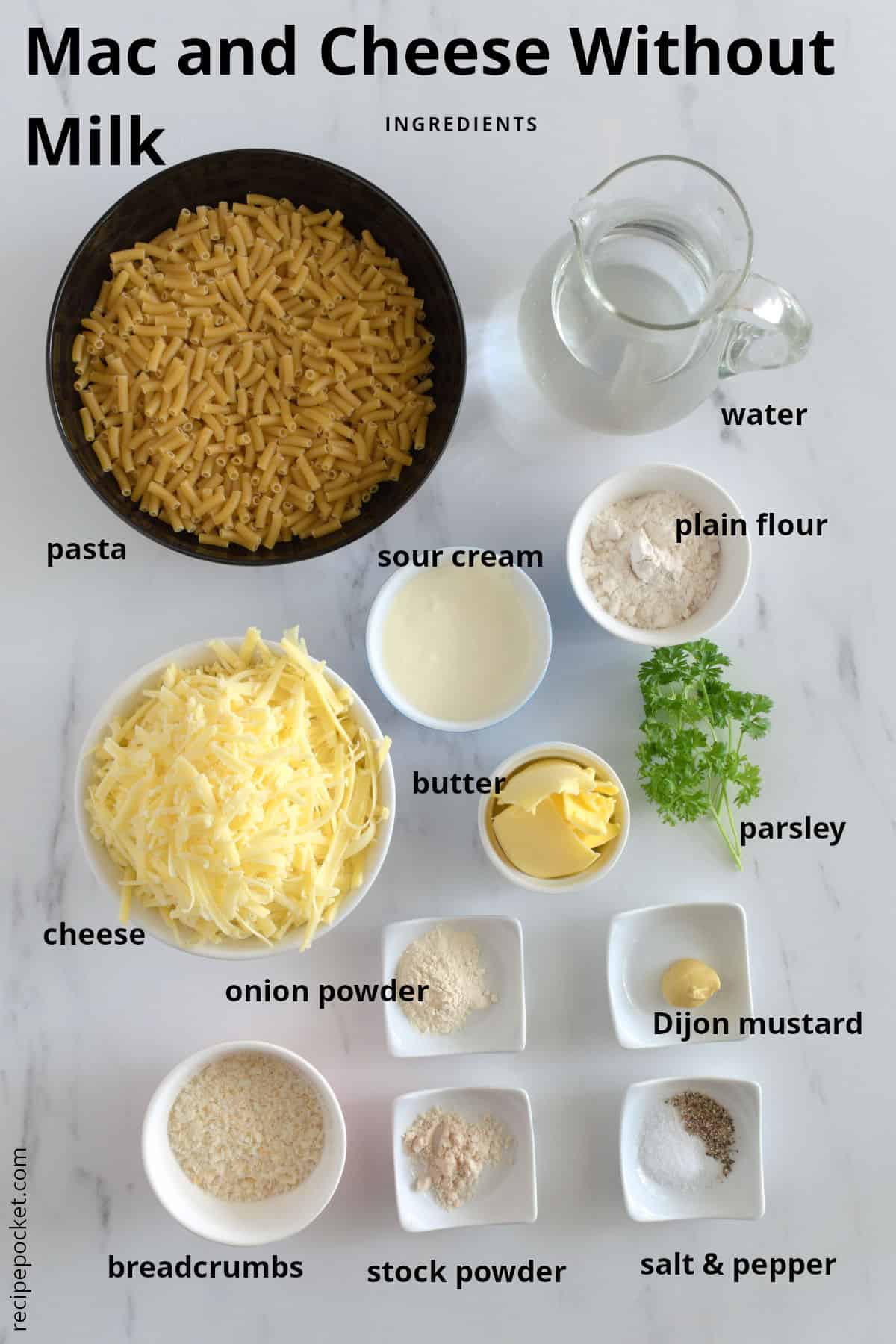 Image of ingredients for homemade mac and cheese without milk.
