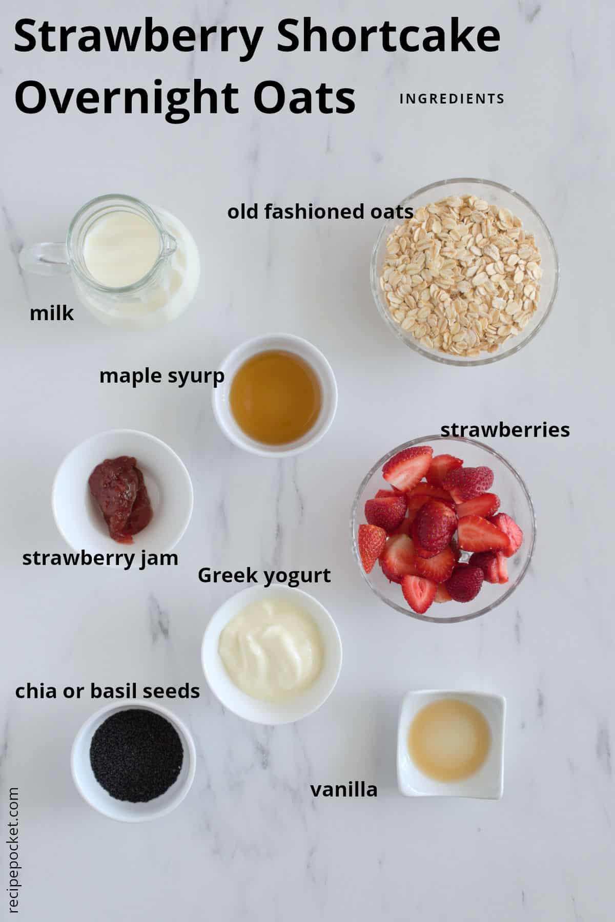 Ingredient images for strawberry shortcake overnight oats.