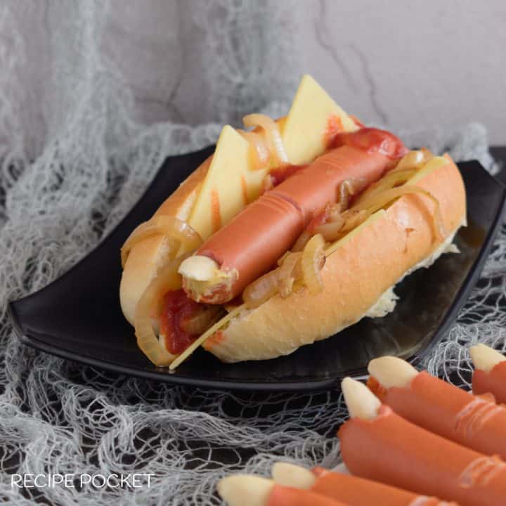 Halloween hot dog fingers in a bun.