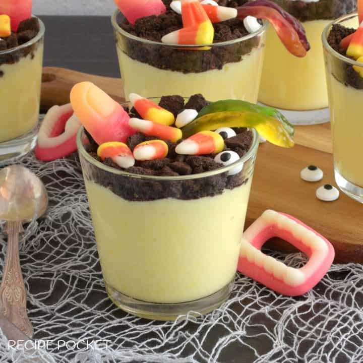 Vanilla flavored Halloween pudding cups.