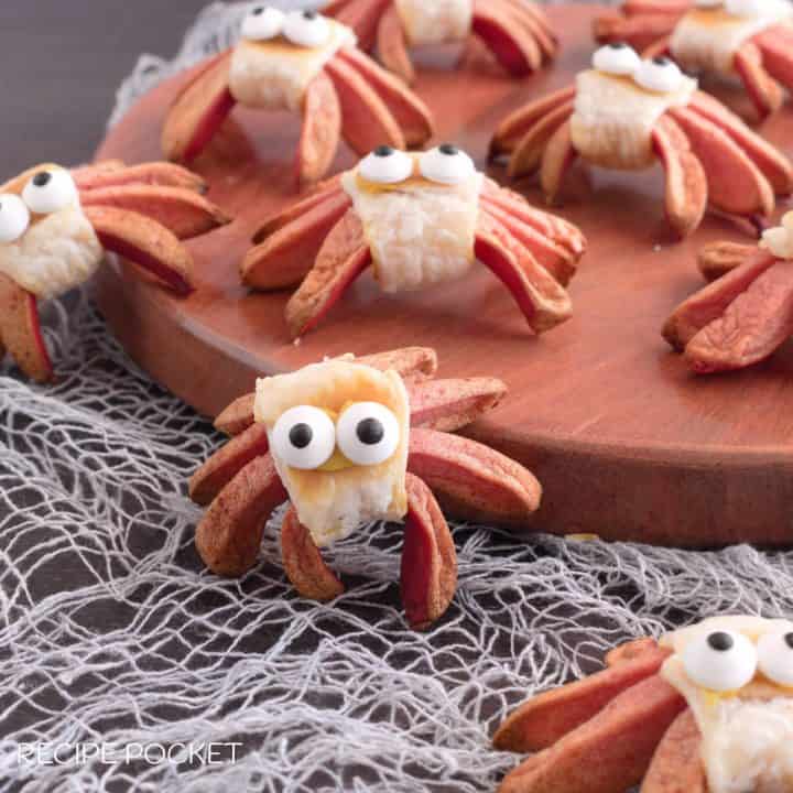 Spider hot dogs with googly candy eyes/