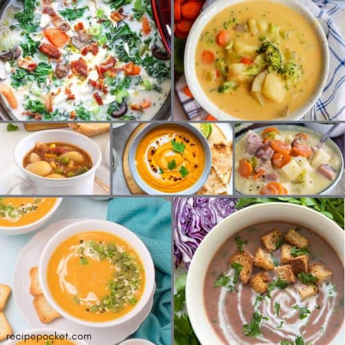 A collage of Thanksgiving soups.